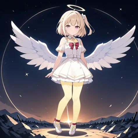  little character：1.2、Full Body Image：1.2、best image quality、8k、16k、super resolution、Light Beige Short Bob、One Side Up Style with Partial Braids on One Side、((Angel from the Battlefield:1.2))、pretty girl、Detailed face、 fine eyes、pink eyes、Grumpy expression...