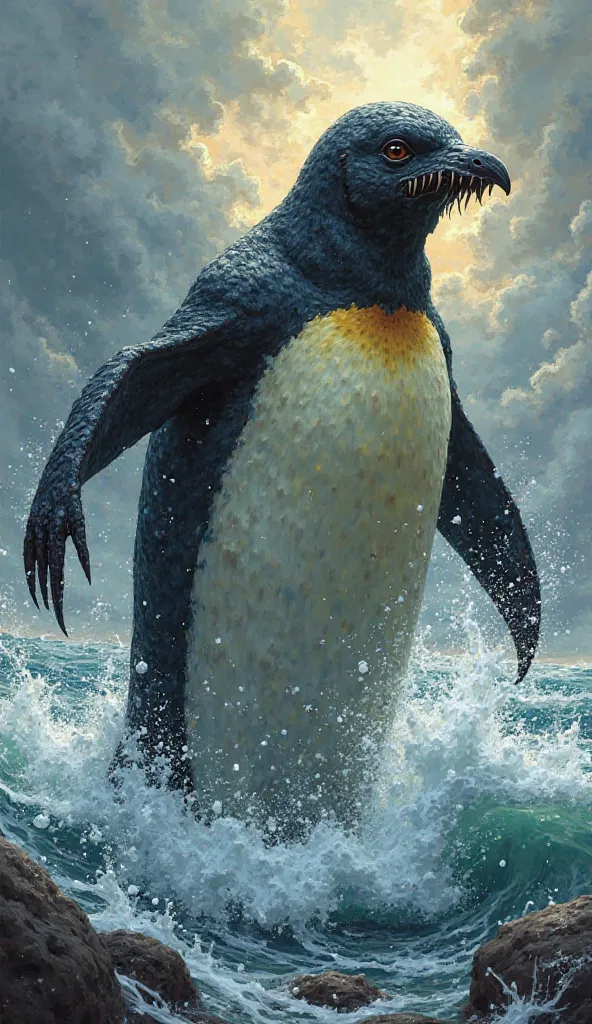 You are a fantasy painter and an expert comic book artist. Generate an image for me of the monstrous fusion of a penguin and a seal 