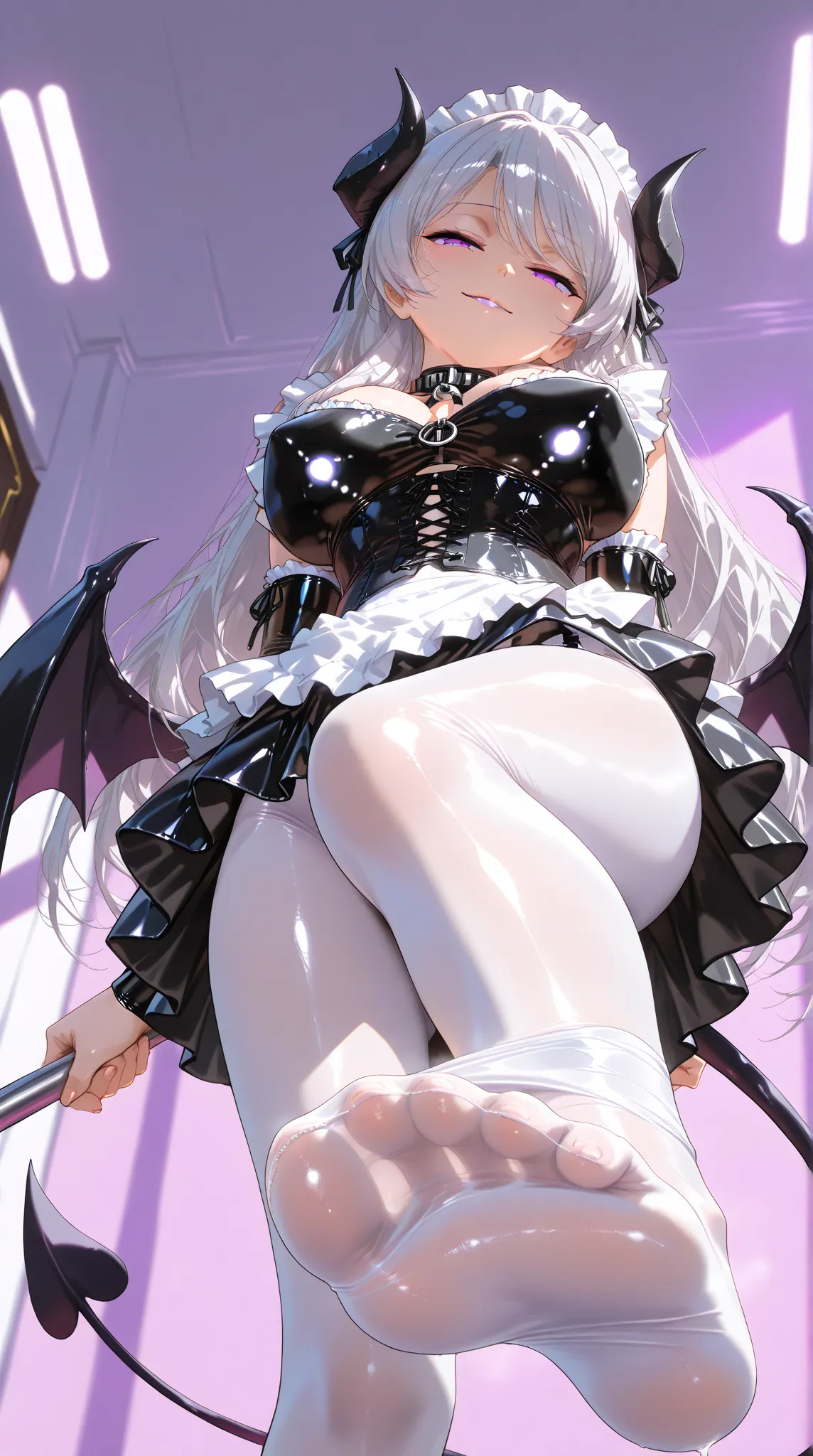 One mature, beautiful and seductive succubus woman, solo, (incredible high resolution, masterpiece, highest quality, highly detailed, CG, high quality anime drawing), (black and white gothic latex maid outfit, maid skirt, corset, white tights: 1.3), (silve...