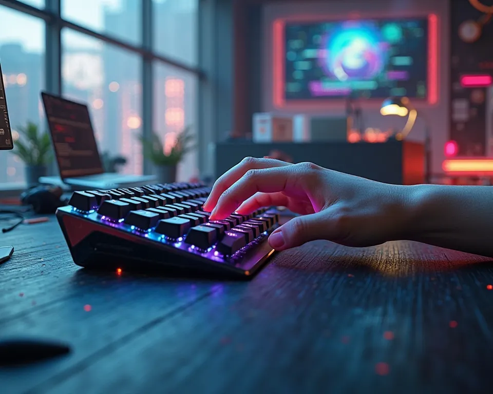 A hand typing on a sleek mechanical keyboard with RGB lighting in a futuristic workspace