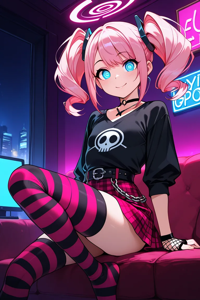 1male, femboy, a guy in girl clothes, no breasts, flat chest, long twintail hair, blue eyes, pink hair, long height, long legs, in a neon lighted room, luxury room, night, cozy atmosphere, choker necklace, spiral pupils, cute outfit, smile, e girl fashion ...