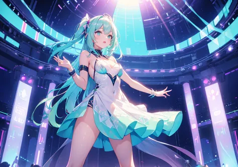 A beautiful girl singing on the stage of a cyber opera. Ribbons of light fluttering about, she wears an elegant holographic dress. Her hair is mint green, and her skin is translucent white. Neon pink lighting pours down, and holographic fans sway in the au...