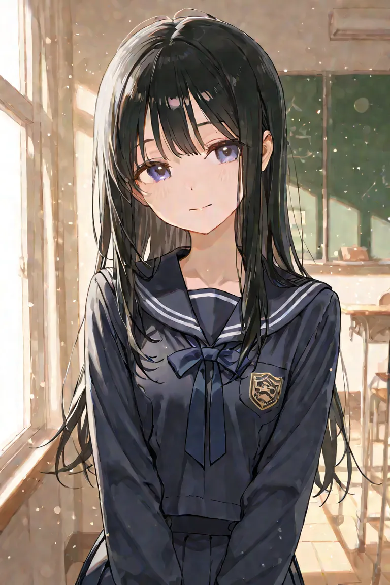 Thin girl in a school uniform with long black hair