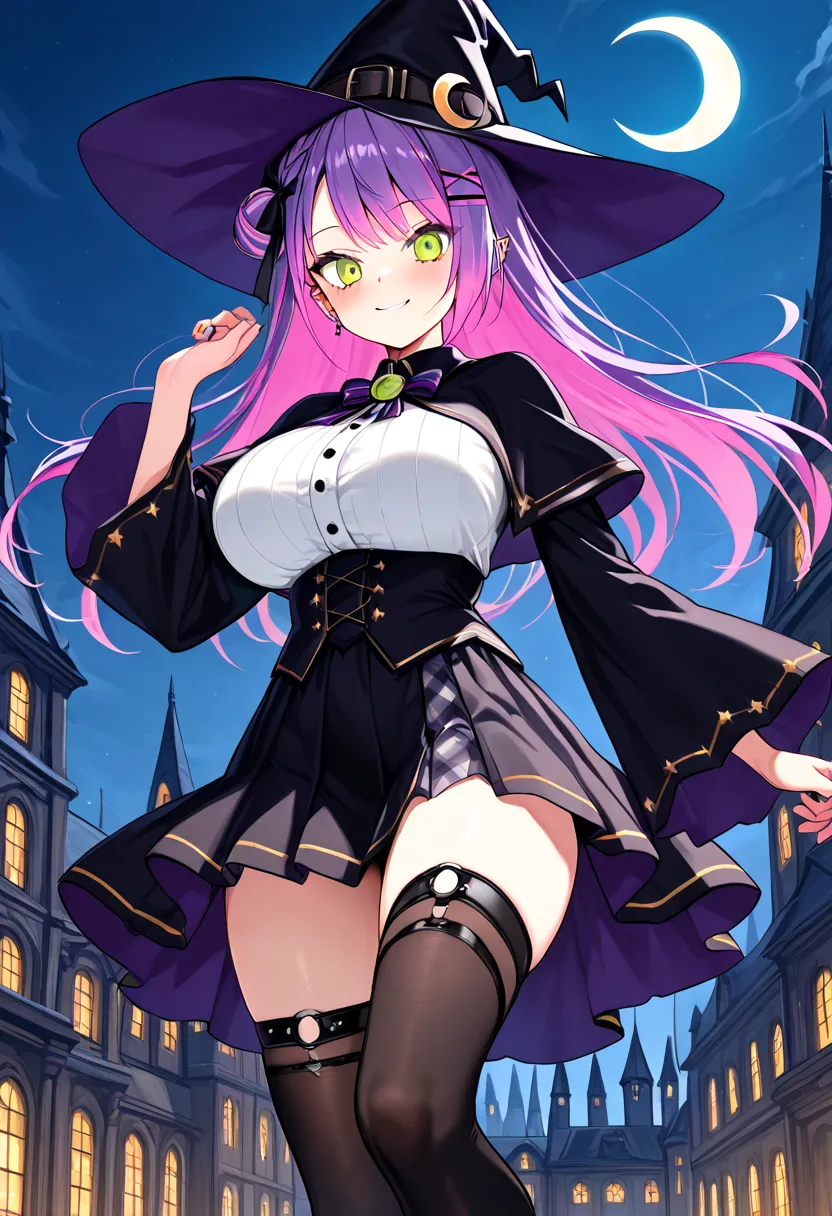 (Top Quality , 8k , masterpiece , incredibly absurdres , perfect body , super detailed skin , highly detailed eyes and face , 1 woman ) , tokoyami towa , purple Hair , Green eyes , smile ,  will be happy , (  witch costume , thigh-high socks , Western arch...