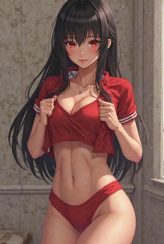 High quality, Naked sexy Hentai cheergirl, nude, nfsw,black hair, short skirts, standing, panties rolled down to her legs,, her hands lifting up her short t shirt, breasts visible, red nipples, big breasts, another lady, big ass,kneeled before her, sucking...