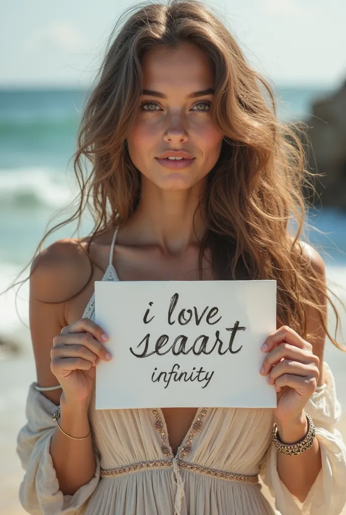 Beautiful girl with wavy long hair, bohemian dress, holding a white board with text "I Love Seaart Infinity" and showing it to the viewer