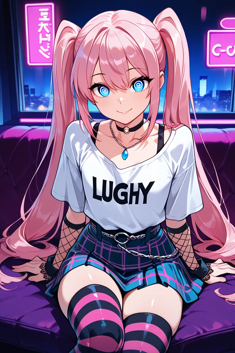 1male, femboy, a guy in girl clothes, no breasts, flat chest, long twintail hair, blue eyes, pink hair, long height, long legs, in a neon lighted room, luxury room, night, cozy atmosphere, choker necklace, spiral pupils, cute outfit, smile, e girl fashion ...