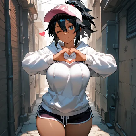 masterpiece, best quality, high resolution, anime, 1girl, dark skin,  one eye closed, black hair, ponytail, cap, animal ears, curvy, hair between eyes, hooded sweatshirt, dolphin shorts, heart hands, alley