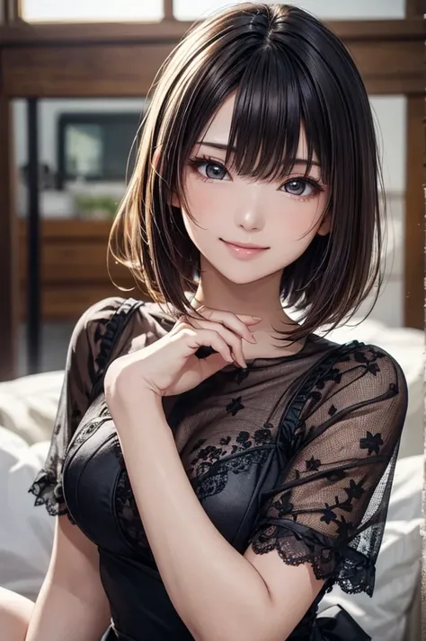 (masterpiece, high quality, high resolution:1.2), 1girl, straight bob hair, very detailed, radiant skin glow, natural face lighting, beautiful breasts, wearing a frilly lace dress, hand resting on cheek, gentle smile