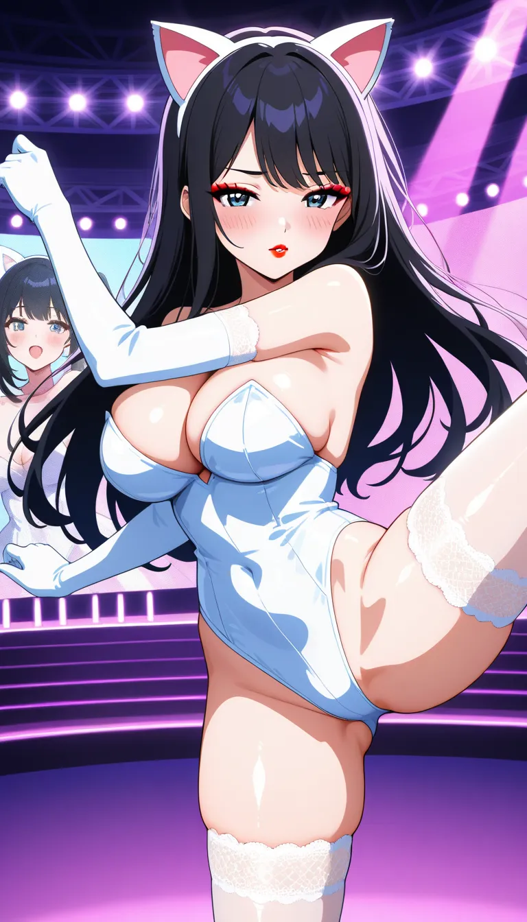 anime style，a cute girl，Cat ears，shiny and tender lips， red lips，Blush，Eyeshadow，Baby Face，C cup big breasts ， Well-balanced body ，Long black hair，Bunny girl wearing white silk，white lace stockings，white latex lace long gloves，Performance，Leg lift，Dance，st...