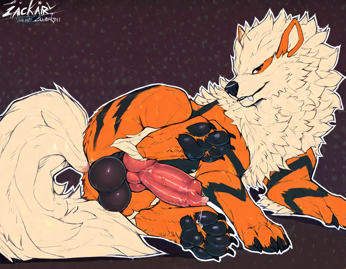 Solo,feral, a male arcanine,balls,big knot,knot focus,showing foot pawpads,precum,seductive,by zackary911