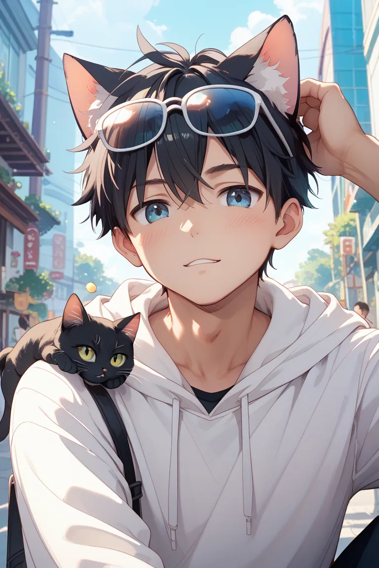 Japanese、 black hair、boy、White hoodie、Hooded、 catつき、glasses、 cat、Cat ears on head