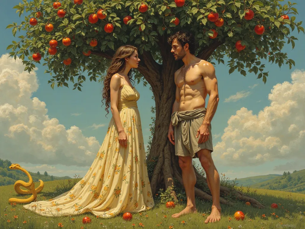 Adam and Eve standing under the apple tree. A yellow snake is o n the tree.  Adam loking by shocking face to the Eve. Eve has got a beautiful dress. The dress is made of from flovers. She covered all any kinds of flovers and Adam is full naked.