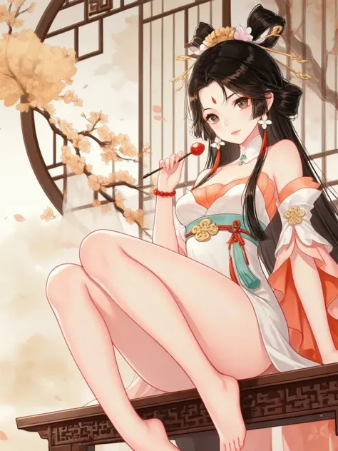  hand-drawn art style ： Onmyoji， Attractive anime girl，Wear a gorgeous dress，big eyes，Delicate release，Beautifully swore。sitting at the table，Barefoot