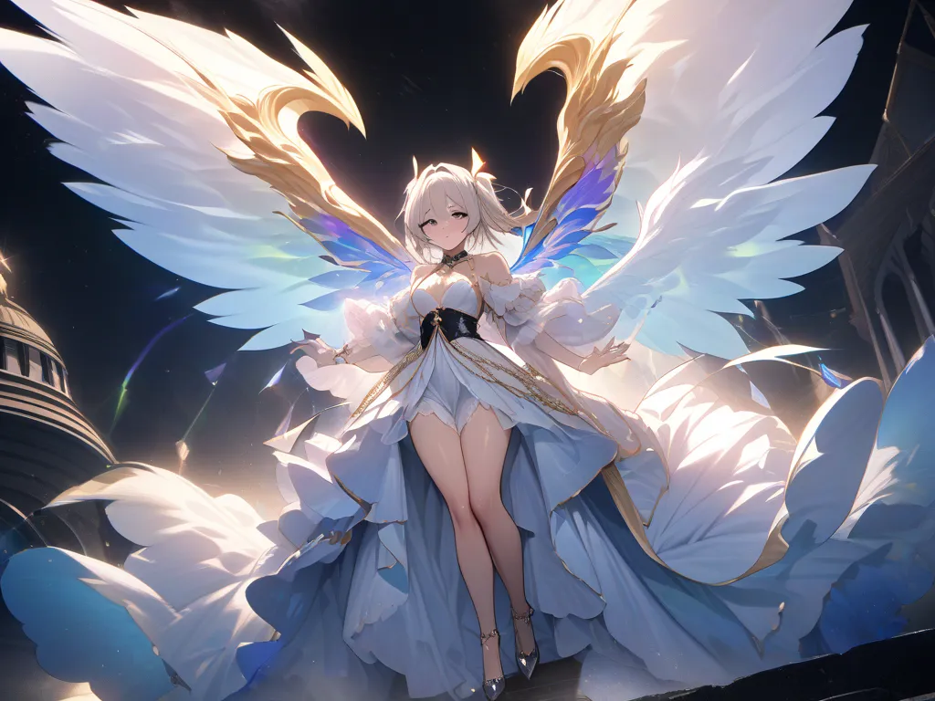 (masterpiece, best image quality, 4K, Very clear face,  Extremely Accurate Depiction  )Flandre Scarlet, are flying in the sky, Luxurious Outfits, Big Wings, Sumptuous Wings, Resplendent Wings, The afterlight is stinging, The whole body is widening a lot