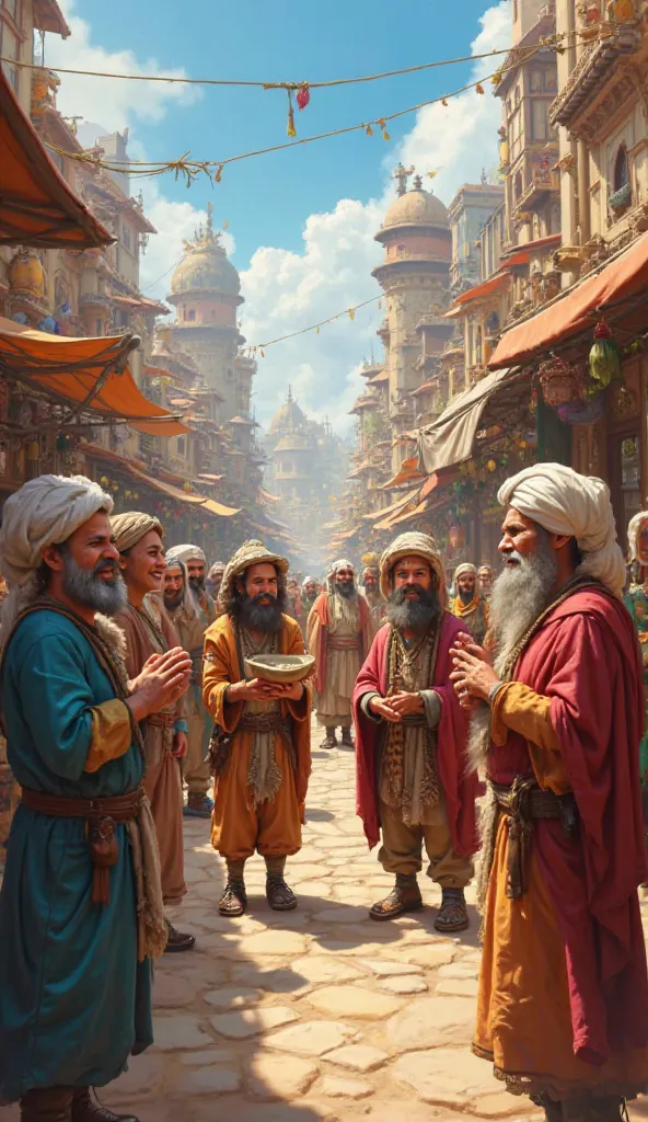 The people of the kingdom—farmers, merchants, and ren—are gathered at a marketplace, smiling and sharing this amusing story with each other. Some are laughing, while others listen curiously.