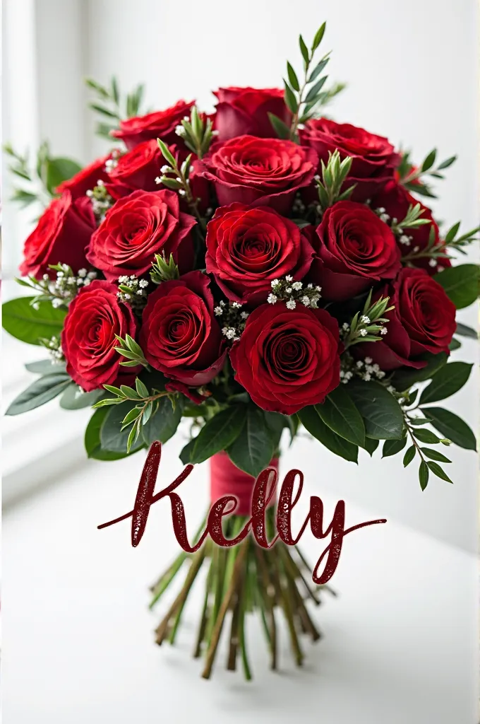 A bouquet of red roses with the letter Kelly on the bottom