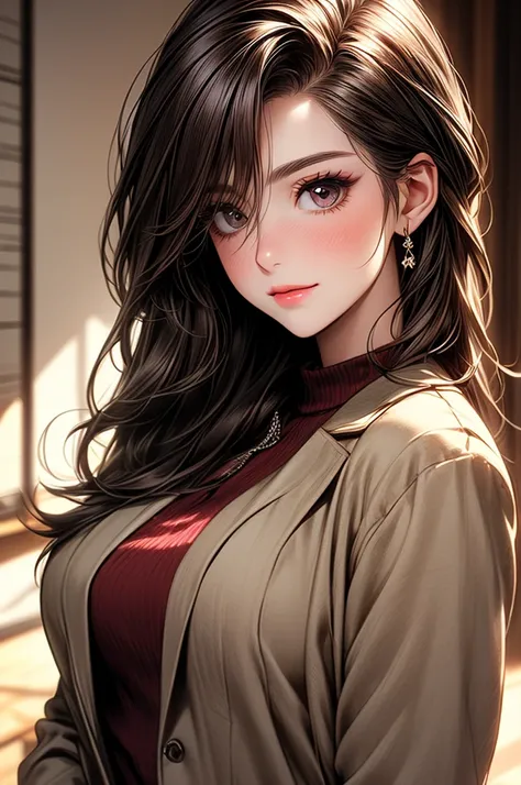 Masterpiece, ((1 girl, Brown Hair, White Skins, Pale Skins)), ((Best Quality)), ((Close up)), (Ultra-detailed), Highly detailed, ((Big Breasts)), Perfect Lighting, Perfect background, ((Half-up Medium Hair, Straight Hair, Brown Hair, Brown eyes)), ((25-yea...