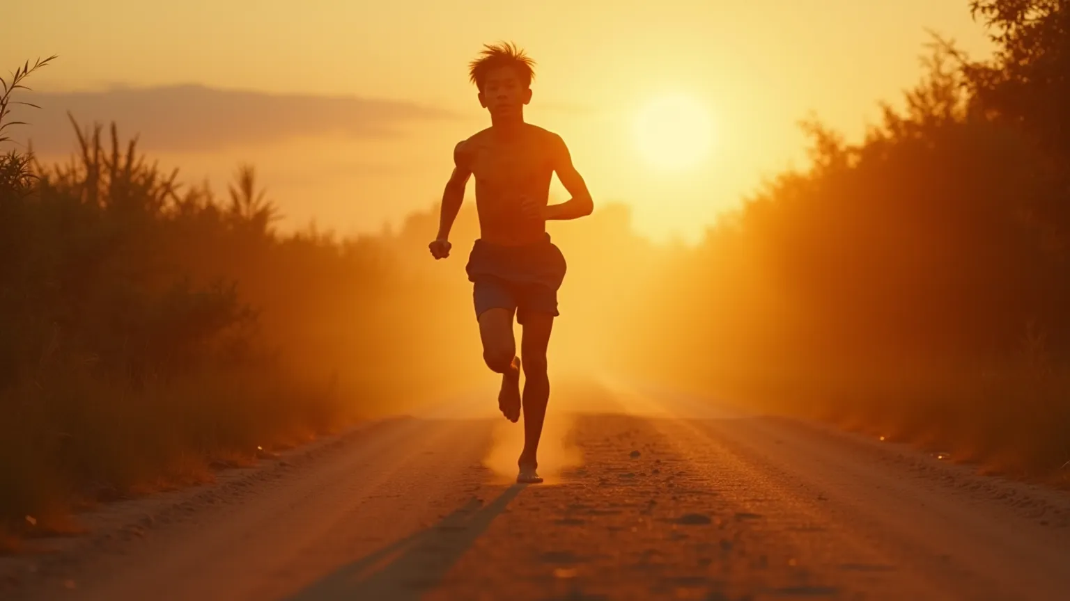 Prompt: "Ultra-realistic, cinematic wide shot of a young fighter running barefoot on a dirt road at sunrise. Their breath is visible in the cool morning air, sweat dripping down their determined face. The endless road stretches ahead, symbolizing a long jo...