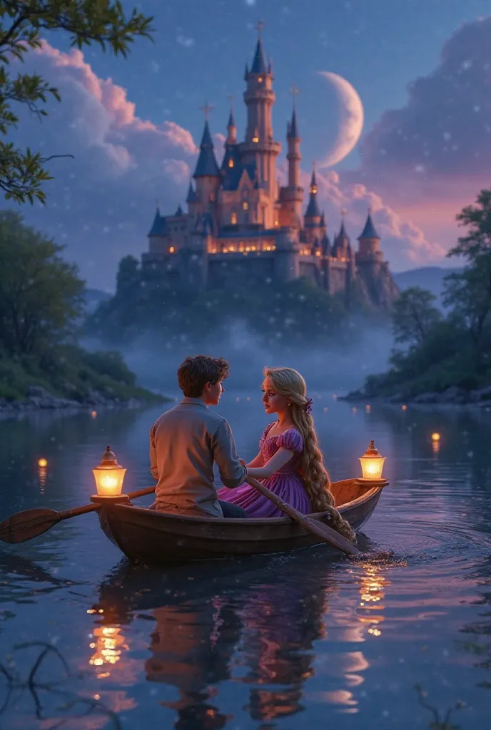 tangled scene where eugene and rapunzel is in the middle of the lake riding a boat with lanterns and the castle on the background, change the characters into 2 ager girls instead and the photo is landscape