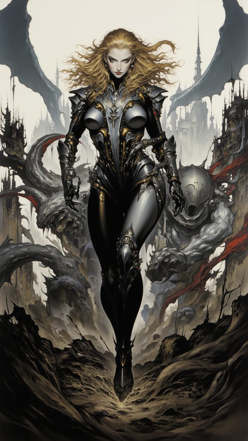 full body, Female Knight，fear ，sci-fi，future，armor，sexy，long golden hair，Wayne Reynolds draws，in a highly detailed and dynamic style, 