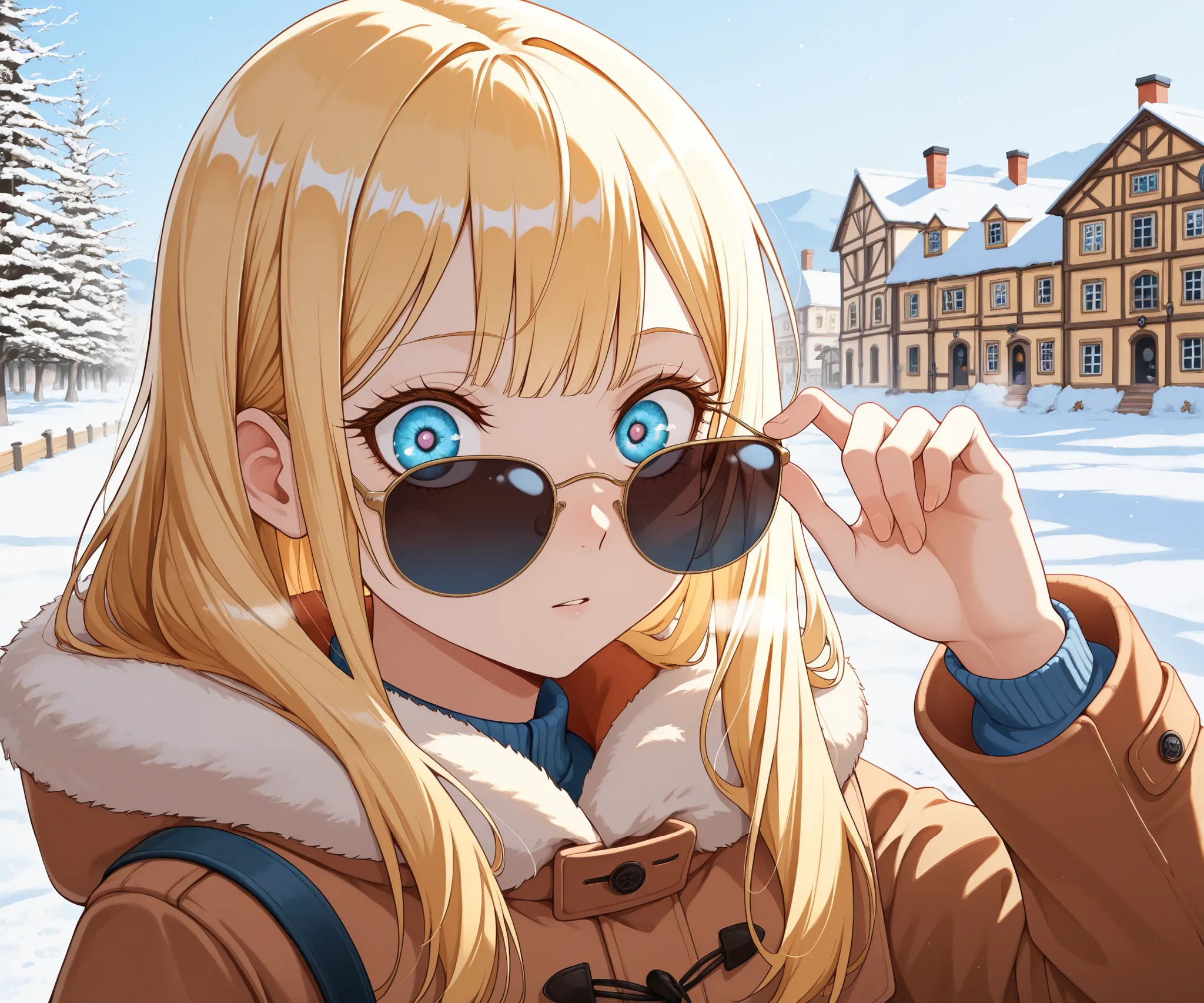 bisque doll, Caucasian, European, blonde-haired, blue-eyed, winter, coat, avobe view walking through European town, sparse figures, sunglasses, adjusting eyewear, eyes focus