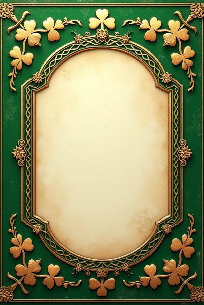 A vintage-style St. Patrick’s Day greeting card with an ornate, aged paper background. The border is adorned with embossed golden shamrocks and delicate Celtic patterns. The center is a large blank space, framed elegantly, allowing space for a heartfelt me...