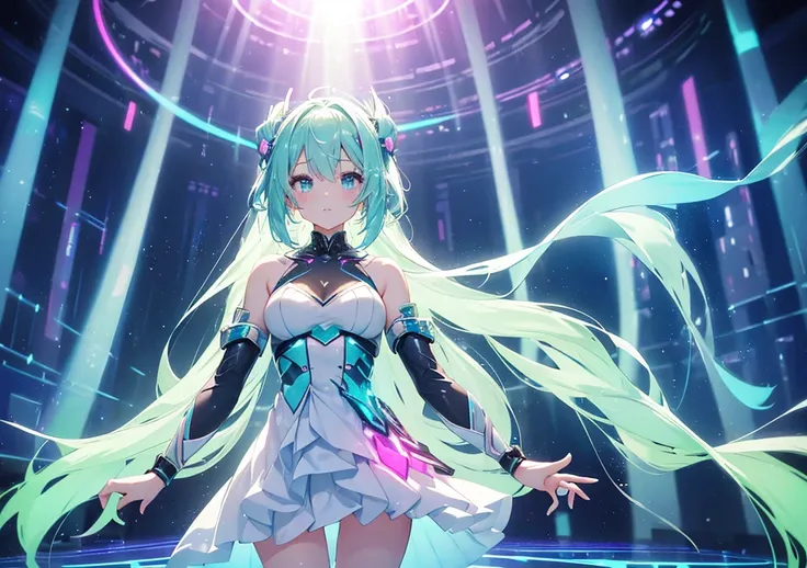 A beautiful girl singing on the stage of a cyber opera. Ribbons of light fluttering about, she wears an elegant holographic dress. Her hair is mint green, and her skin is translucent white. Neon pink lighting pours down, and holographic fans sway in the au...