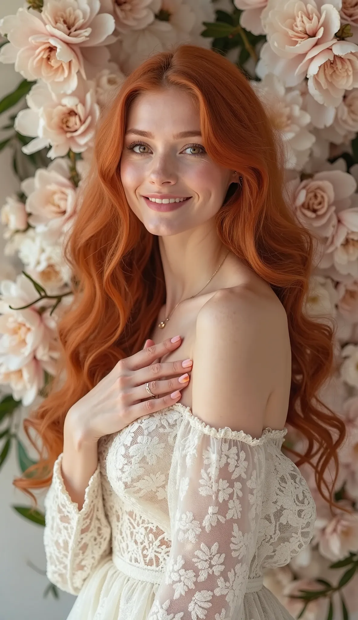 (((wide angle shot))), (((front view))), (((A graceful, 25 years old, breathtakingly beautiful Slavic woman))), (((with long, voluminous, fiery red wavy hair cascading over her shoulders))), glowing hazel eyes, full lips, flawless skin. She wears an exquis...