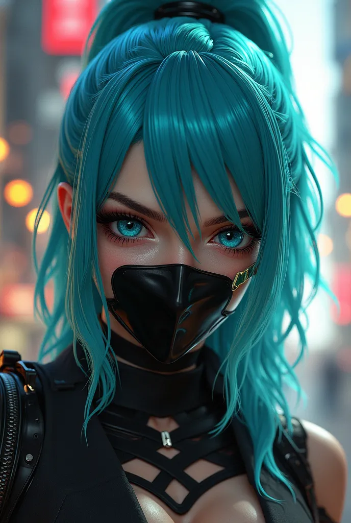 Female character from Free Fire with blue hair tied in a ponytail with green details blue eye white skin color black mask