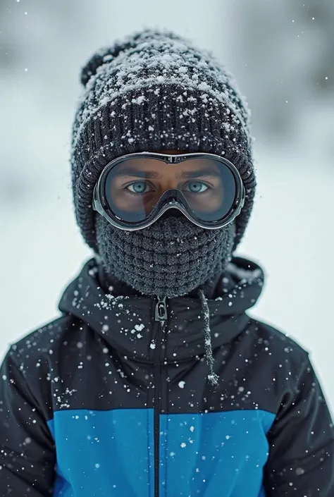 An adolescent ,with mask with sunglasses incorporated that covers the entire head two snow style,who wears a black t-shirt with a blue t-shirt ,has a circle with black edges where steps cross to form an x