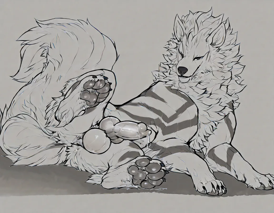 Solo,feral, a male arcanine,balls,big knot,knot focus,showing foot pawpads,precum,seductive,,by lycosa