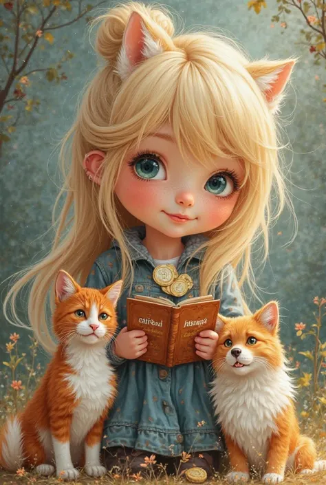 girl with blond hair and blue eyes in her hands holding a book titled "coin family" next to her is a ginger and white cat and a Rough Collie dog. And add on the top part the inscription "Happy Birthday to you" (do it like in real life)