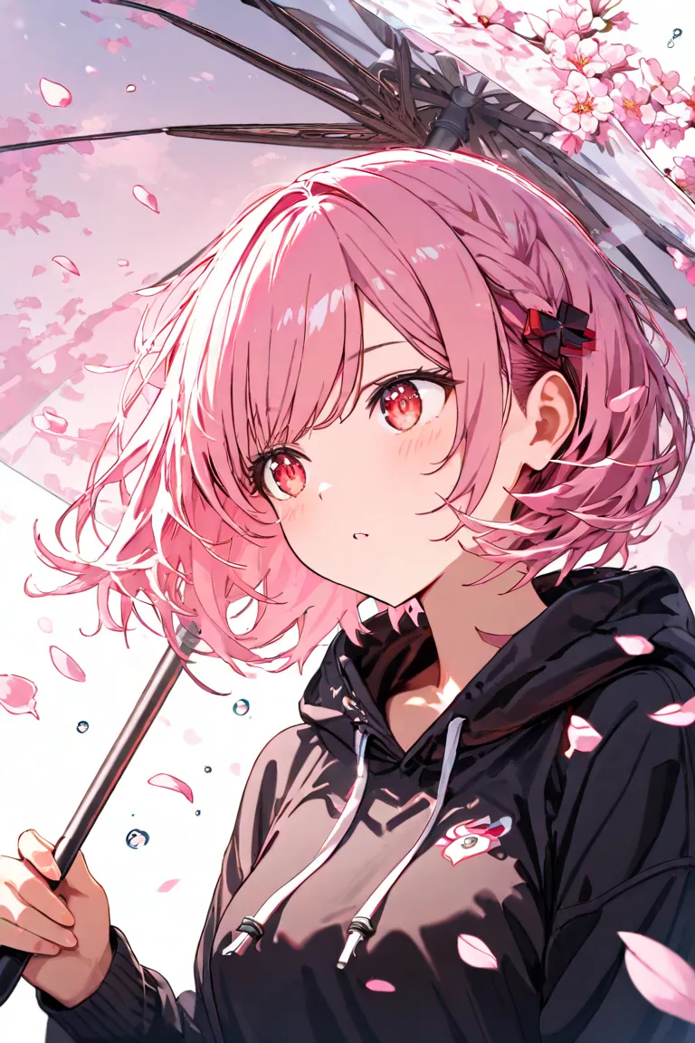 masterpiece,Top Quality,Super Detail,8k, vibes　upper body lift　Girl holding an umbrella　 pink hair short hair　 fluffy　Sparkling red eyes　black hoodie　rain　Water Drop　the way　cherry blossom petals