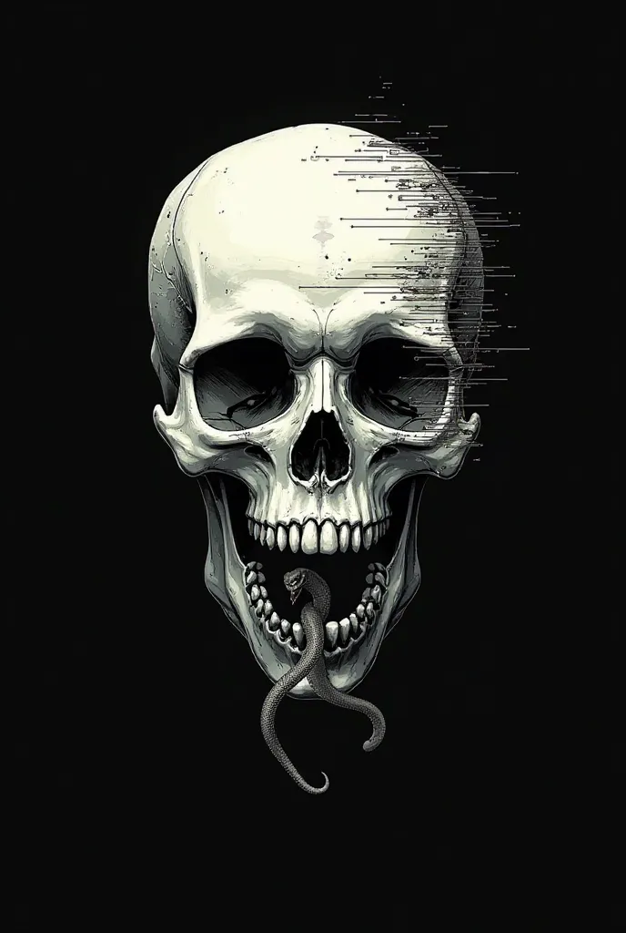 Stylized skull with only the outline and with the left side glitched,a snake that enters the right eye of the skull and exits the mouth,The background is black and the view is front.
