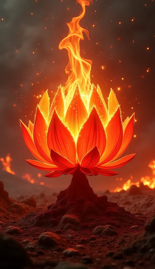 A deep crimson flame shaped like a lotus, glowing with intense heat and power, in a fiery landscape