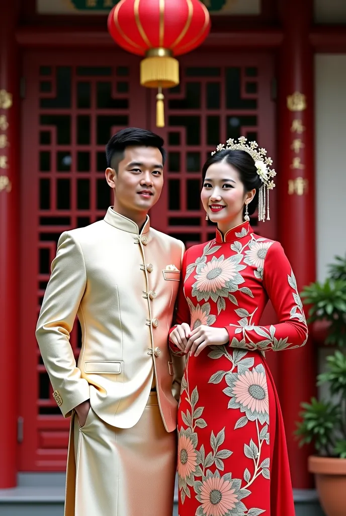 arafed asian couple in traditional dress standing in front of a chinese decoration, a picture by Dan Content, instagram, happening, lovely couple, profile image, hoang long ly, ao dai, profile picture, profile photo, happy couple, in style of lam manh, dan...