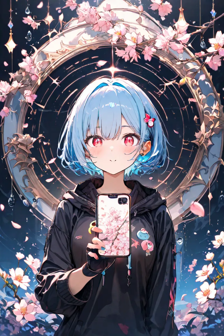 masterpiece,Top Quality,Super Detail,8k, vibes　upper body lift　girl holding an umbrella　 light blue hair short hair　 fluffy　Sparkling red eyes　black hoodie　rain　Water Drop　the way　cherry blossom petals　Smartphone