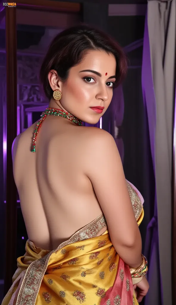 a beautiful woman in a saree, bare back, topless, detailed portrait, highly detailed face, detailed eyes, realistic, photorealistic, 8k, cinematic lighting, bright color tones, glowing skin, intricate fabric details, elegant pose, dramatic shadows, golden ...