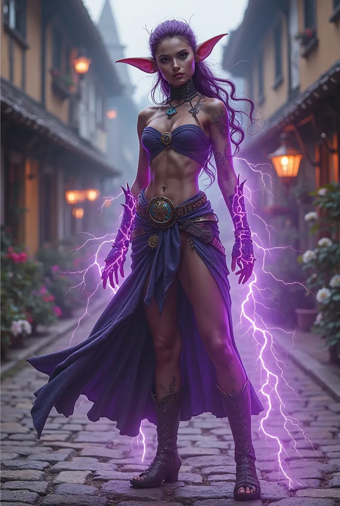 a girl of mixed race between goblins and humans,Goblin Ears,The human body,10 times more muscle than a human,Purple Lightning Magic,Medieval European Village