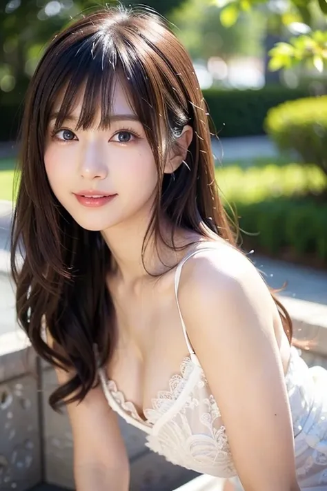 A Japanese model in a gorgeous white dress is posing、semi-long black hair、lace long dress、Neat and beautiful Japanese idol、looking at camera、 beautiful eyes in every detail 、 cute smile、 Gentle and gentle expression  