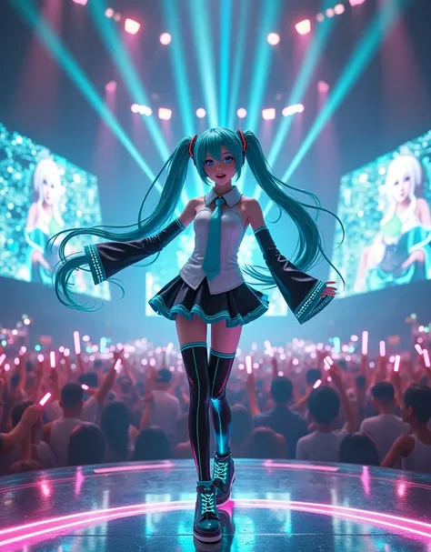 A hyper-realistic, full-body image of Hatsune Miku performing energetically on a futuristic concert stage. She is standing on an illuminated platform, mid-dance, with a radiant smile and expressive teal eyes full of excitement. Her long, twin-tailed turquo...