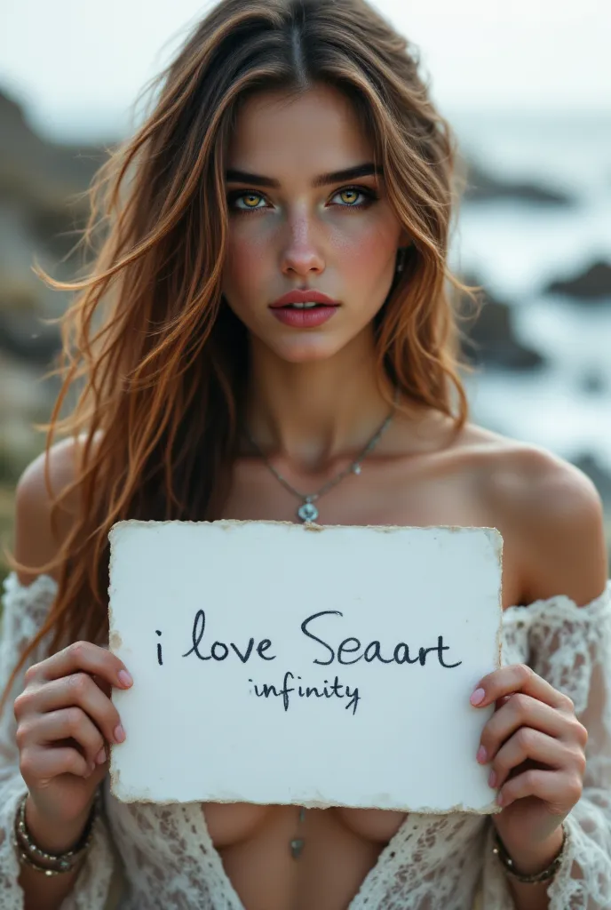 Beautiful girl with wavy long hair, bohemian dress, holding a white board with text "I Love Seaart Infinity" and showing it to the viewer