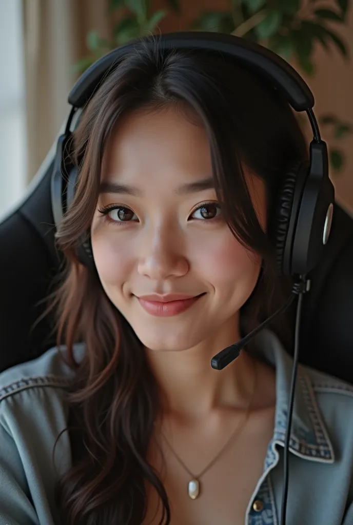  Woman, curtain, brown eyes,  rounded cheeks , elongated chin, Beautiful Smile, In a gamer chair and with headset, real woman 