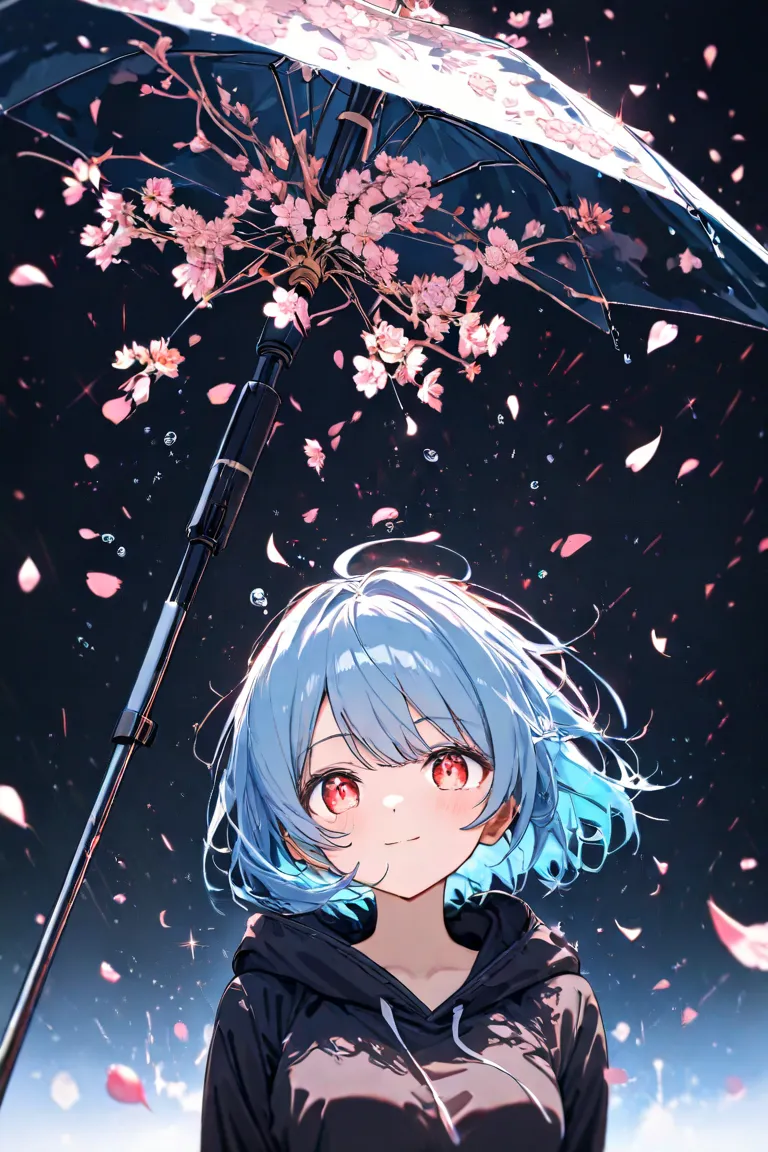 masterpiece,Top Quality,Super Detail,8k, vibes　upper body lift　girl holding an umbrella　 light blue hair short hair　 fluffy　Sparkling red eyes　black hoodie　rain　Water Drop　the way　cherry blossom petals　