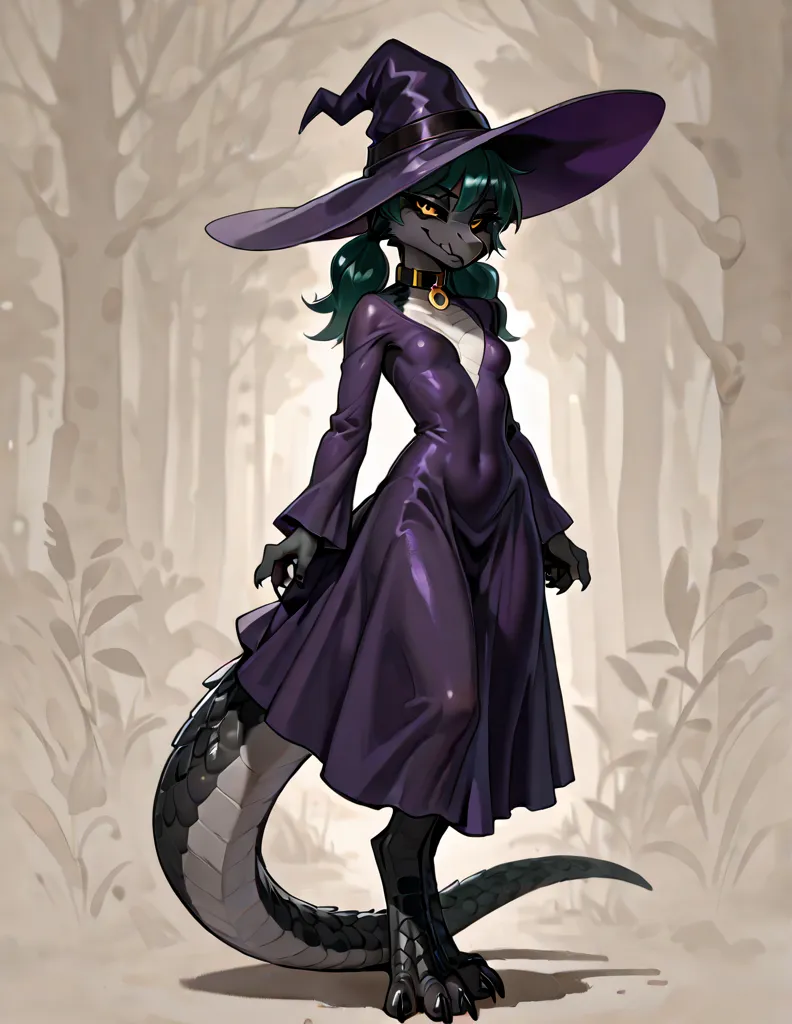 anthro scalie, furry female, black body scales, black scales, smirk, bedroom eyes, gold eyes, black sclera, lizard tail, petite body, small breasts, long dark green hair in twintails, wearing seductive dark purple witch dress with witch hat and dog collar,...