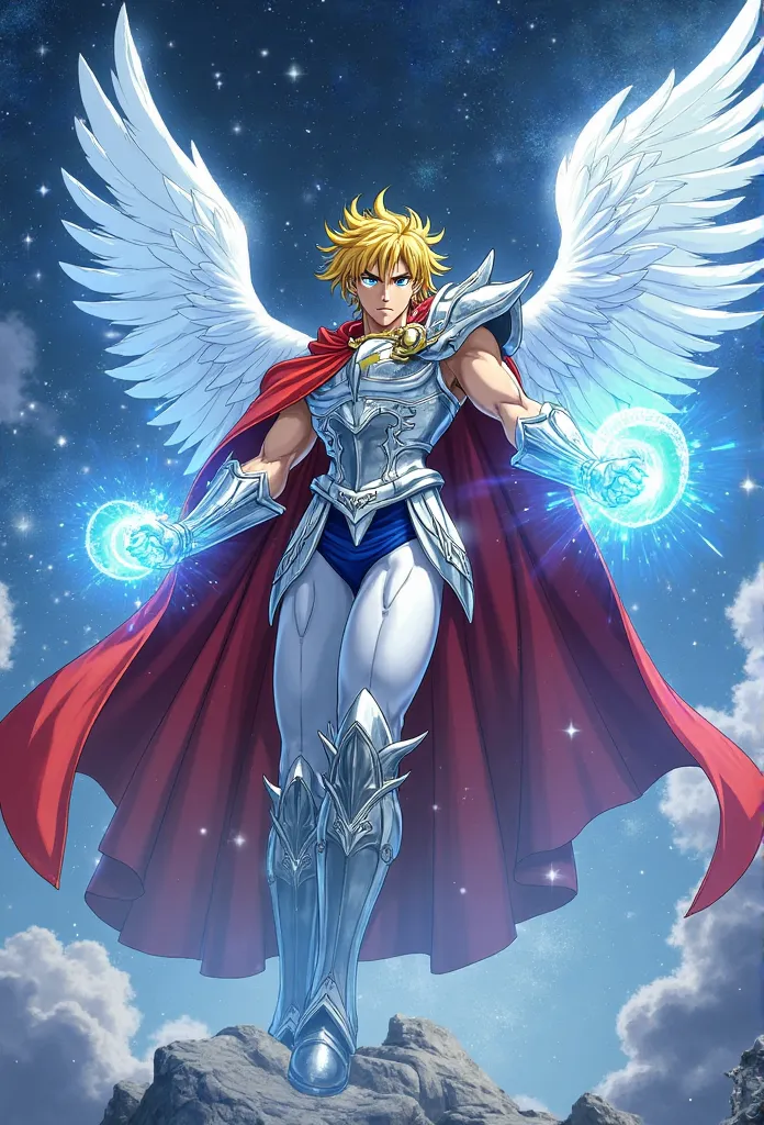 Seiya，Saints Pegasus，wears a Pegasus cloak， silver armor，Red Cape。
is playing a “Pegasus Meteor Fist”，shines blue with his fists，Countless meteor like fists flying towards the target。
The background is a starry sky or the Temple of the Zodiac，full of movem...