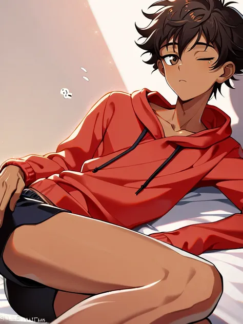 1 boy, twink, slender dainty body, black short messy hair,  bangs, brown eyes, long eyelashes, tanned skin, red hoodie, black shorts underwear, arched legs, hand on tummy, sleepy, laying on bed, highly detailed art, 