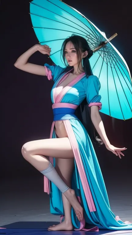 I was wearing a light blue and pink costume、Young Witch、Piccolo Daimao costume、long legs、my black hair was fluttering in the wind、glamorous、Hands bandaged 、takes a martial arts stance、Also々performance、thin waist