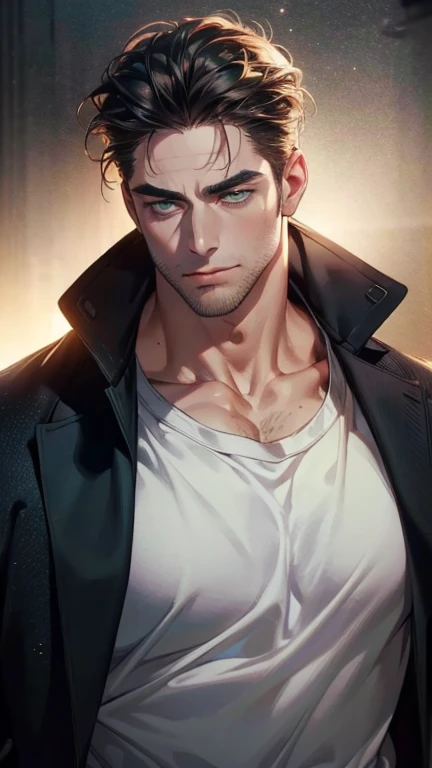 (  best quality,4K,8k,   highres,  masterpiece :1.2),  breasts  ,(Realistic,photoRealistic,photo-Realistic:1.37),36-year-old man,3 day beard,Beautiful anime,Portraits,strong,masculine,      with dark hair  ,sharp jaw,       mesmerizing green eyes   ,    pe...